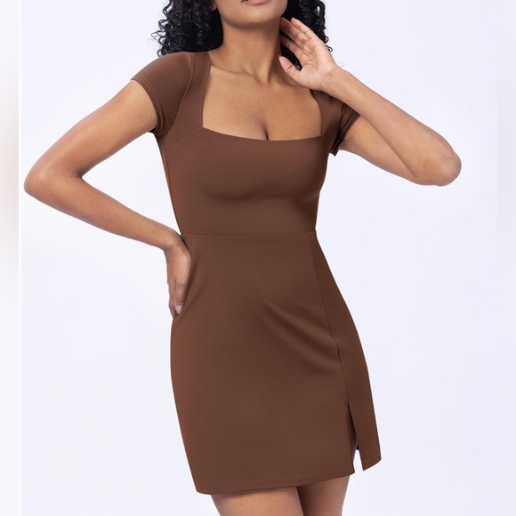 Women's Square Neck Short Sleeve Mini Dress Y2K Party Club Side Slit Stretchy - Picture 5 of 7